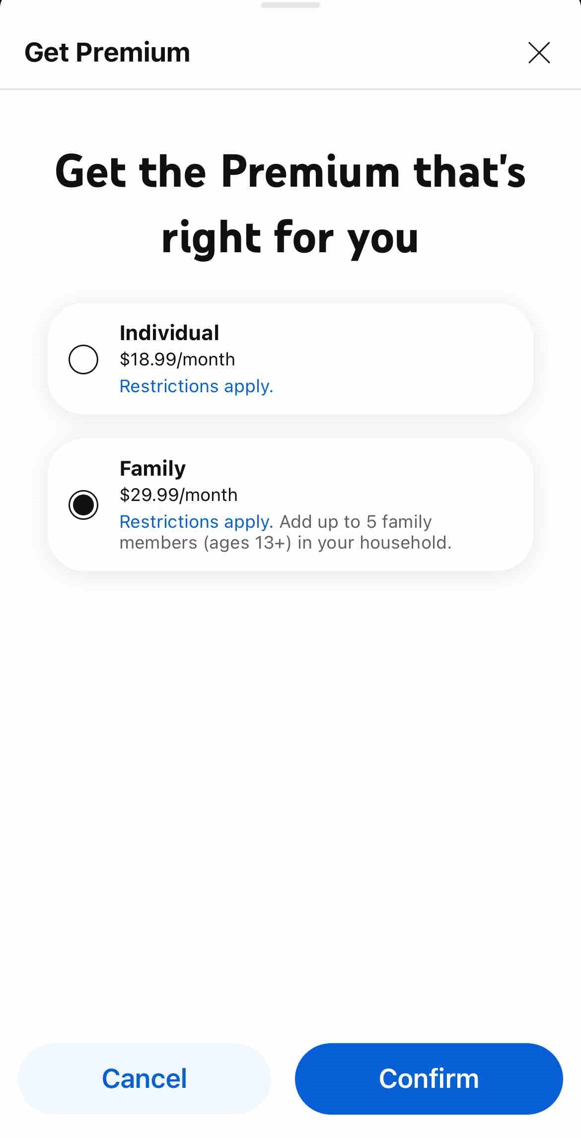 The paywall screen of the true app